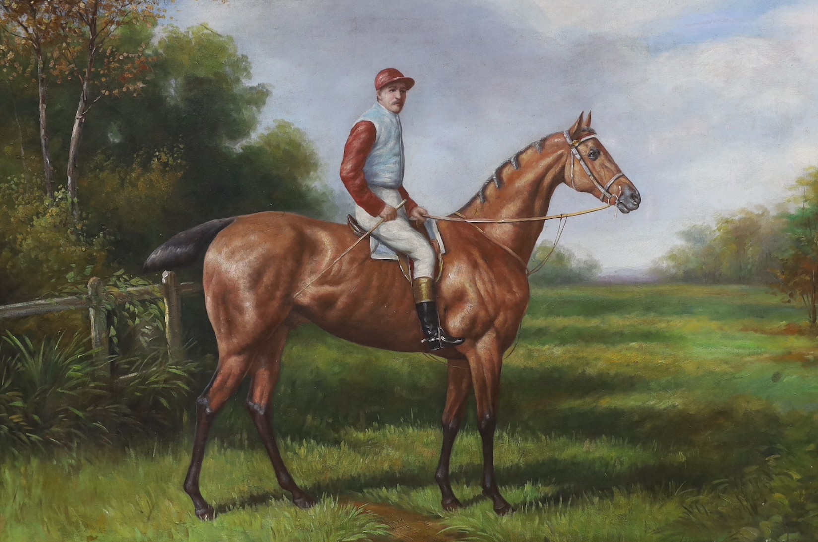A modern oil on canvas of a racehorse, 60 x 90cm.